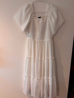 Amazon Cream Smocked Puff Sleeve Tiered Dress
